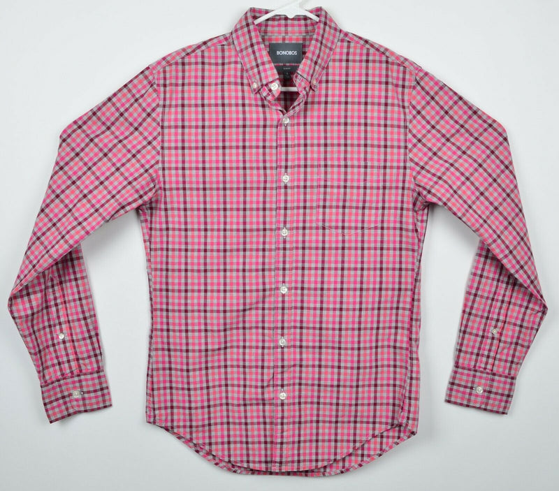 Bonobos Men's Sz Small Slim Fit Pink Red Plaid Check Long Sleeve Shirt