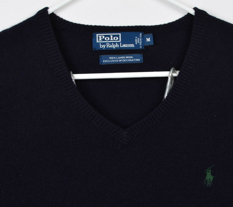 Polo Ralph Lauren Men's Medium 100% Lambswool Navy Blue V-Neck Pullover Sweater