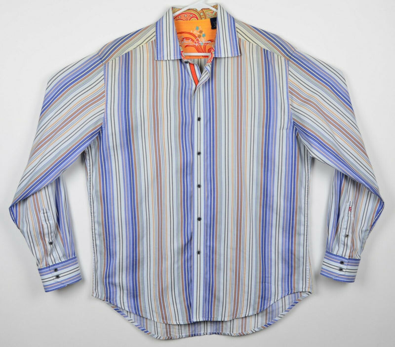 Robert Graham Men's Large Flip Cuff Blue Orange Stripe Paisley Casual Shirt