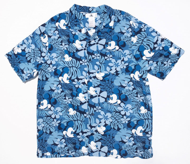 Disney Parks Hawaiian Shirt Large Men's Mickey Mouse Floral Blue Rayon Aloha