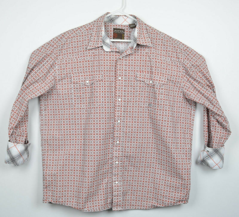 Roper Men's XL Flip Cuff Pearl Snap Orange Geometric Western Rockabilly Shirt