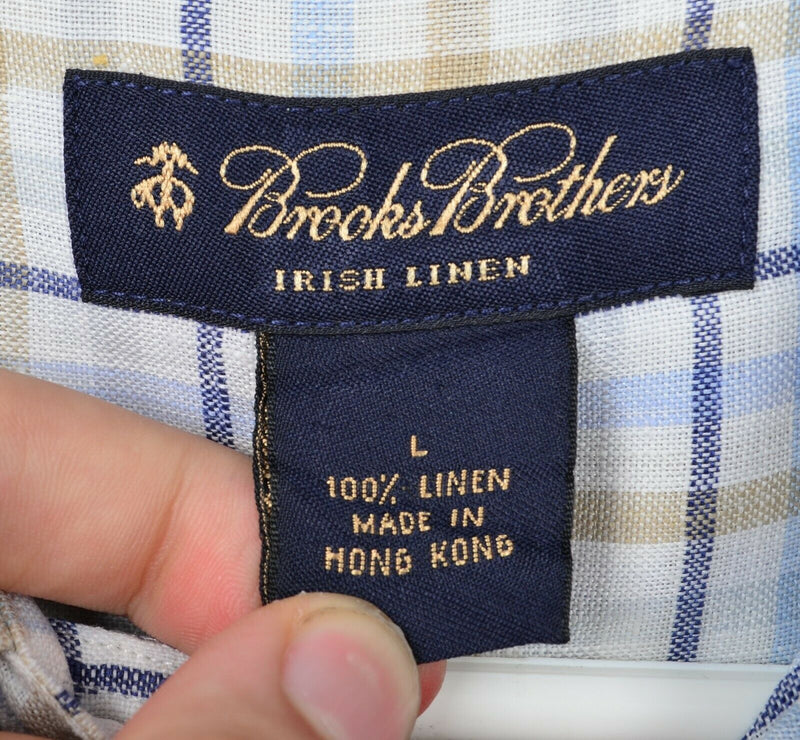 Brooks Brothers Men's Large Irish Linen White Blue Plaid Button-Down Shirt