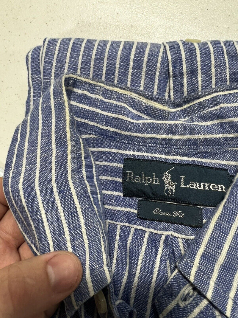 Polo Ralph Lauren Linen Shirt Large Classic Fit Men's Blue Striped Button-Down