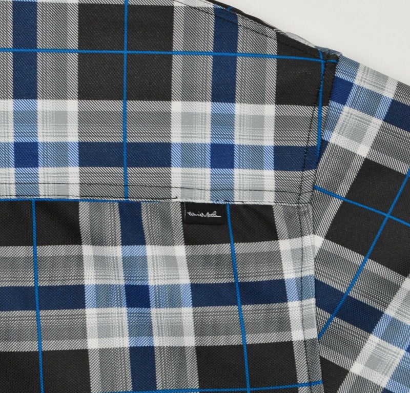 Travis Mathew Men's Large Blue Black Plaid Polyester Elastane Button-Front Shirt