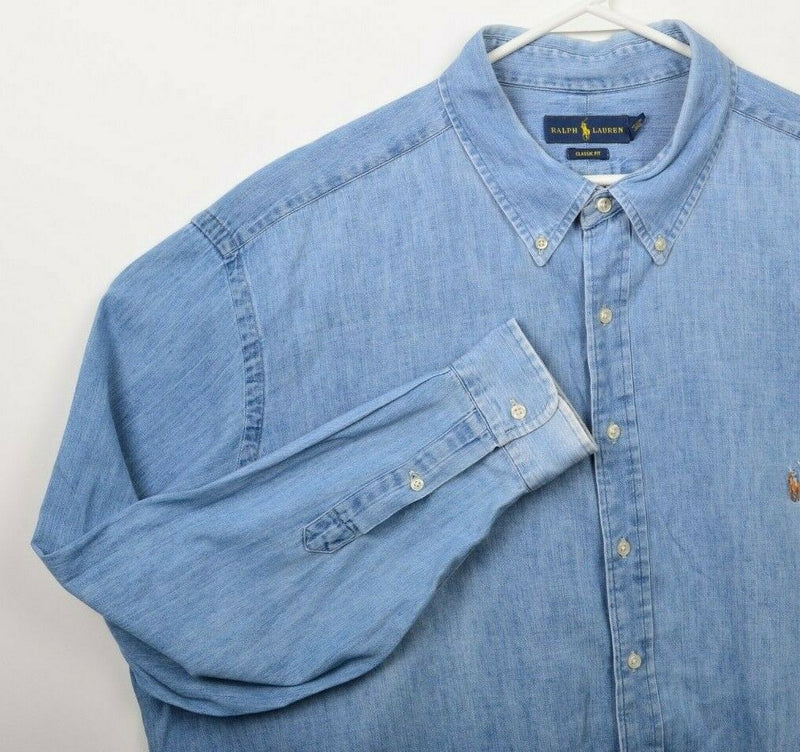 Polo Ralph Lauren Men 3XB (3XL Big) Classic Fit Denim Chambray Blue Button Shirt