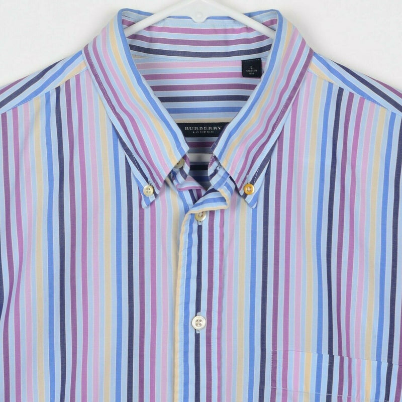 Vintage 90s Burberry London Men's Large Multicolor Blue Pink Striped USA Shirt