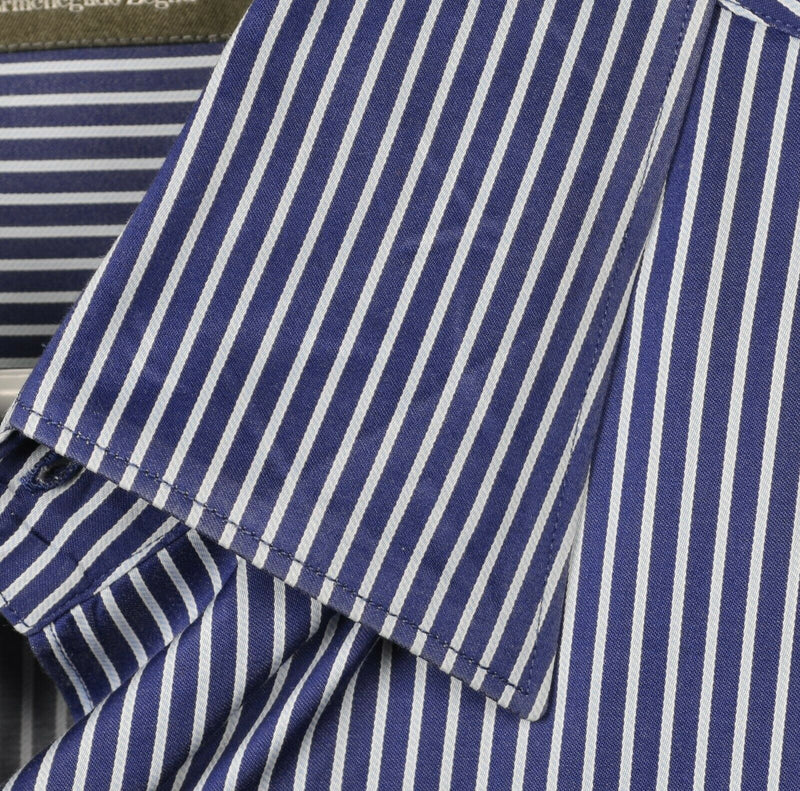 Ermenegildo Zenga Men's 2XB Big Navy Blue Striped Designer Button-Front Shirt