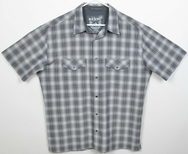 Kuhl Eluxur Men's XL Pearl Snap Gray Plaid Polyester Ionik Hiking Outdoor Shirt