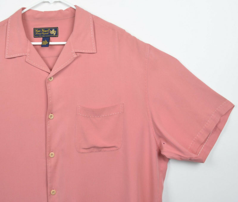 Nat Nast Men's Sz XL 100% Silk Salmon Pink Stitch Accent Hawaiian Aloha Shirt