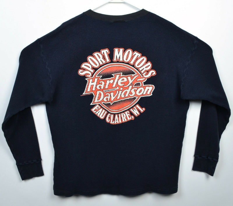 Vintage 80s Harley-Davidson Men's Large Thermal Waffle Knit Black Eagle T-Shirt