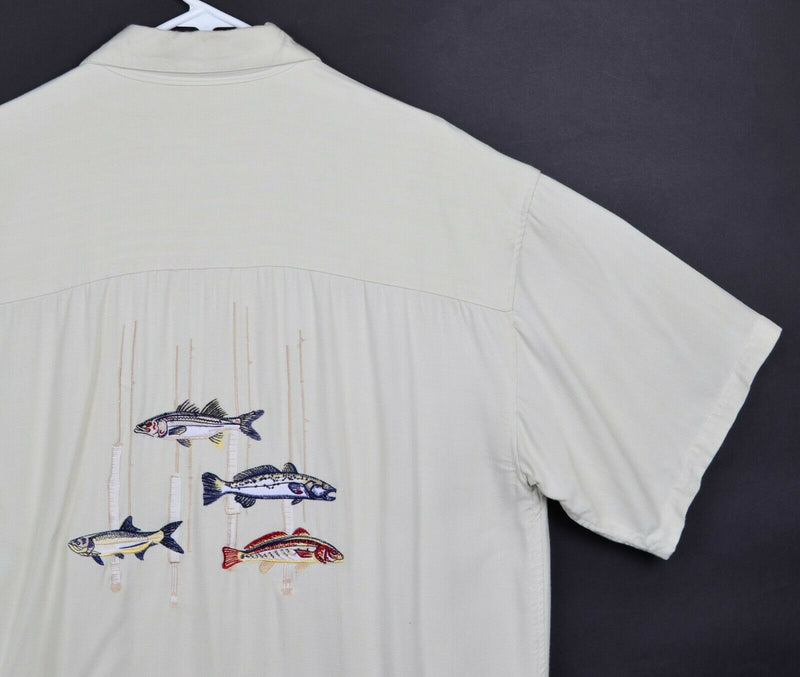 Sunset Breeze Men's Sz Large Embroidered Fish 100% Rayon Hawaiian Shirt