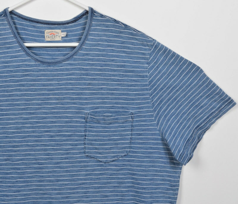 Faherty Brand Men's 2XL Indigo Dyed Blue Striped Crewneck Pocket T-Shirt