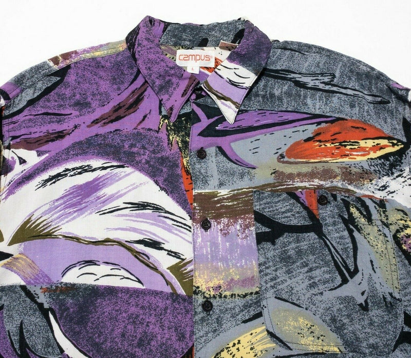 Campus Rayon Shirt Men's Large Vintage 90s Rockabilly Abstract Art Party Purple