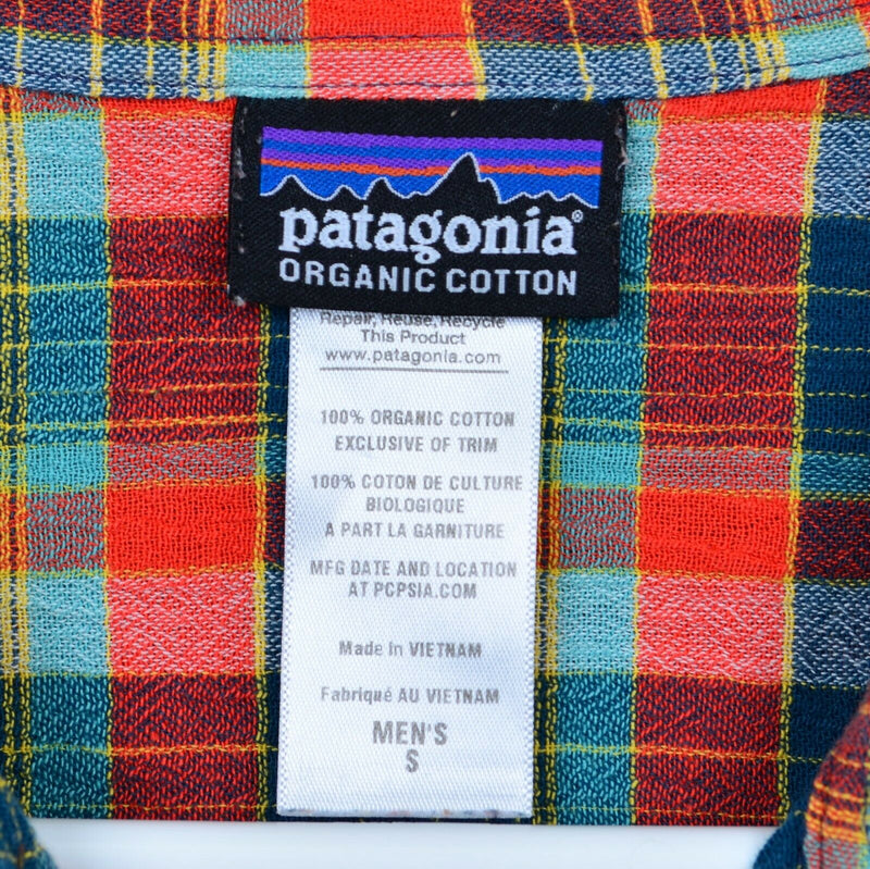 Patagonia Organic Cotton Men's Sz Small Seersucker Blue Red Plaid Shirt