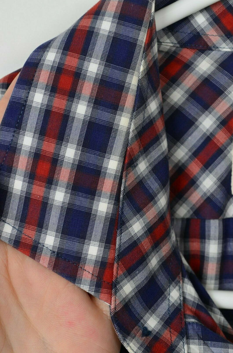 Billy Reid Men's Sz Medium Standard Cut Red Navy Blue Plaid Long Sleeve Shirt