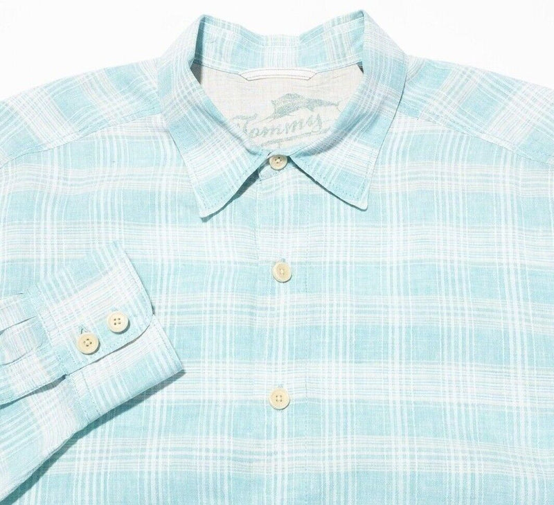 Tommy Bahama Linen Shirt Large Men's Aqua Blue/Green Plaid Long Sleeve Beach