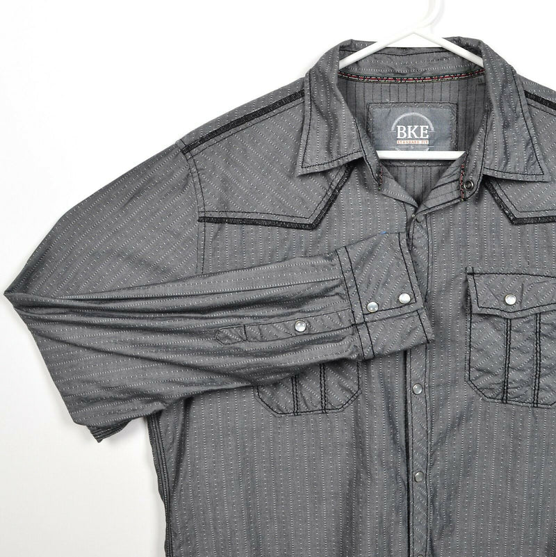 BKE Buckle Men's Large Standard Fit Pearl Snap Gray Striped Rockabilly Shirt