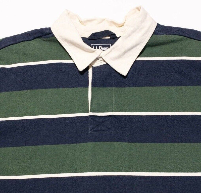 L.L. Bean Rugby Shirt 2XL Men's Polo Green Blue Chunky Stripe Short Sleeve
