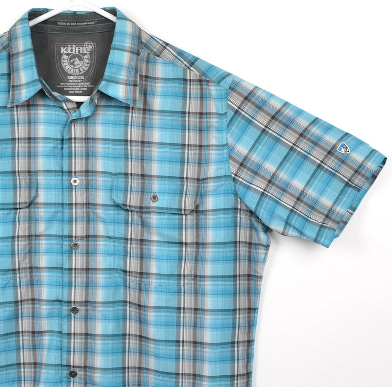 Kuhl Eluxur Men's Sz Medium Blue Gray Plaid Ionik Hiking Short Sleeve Shirt