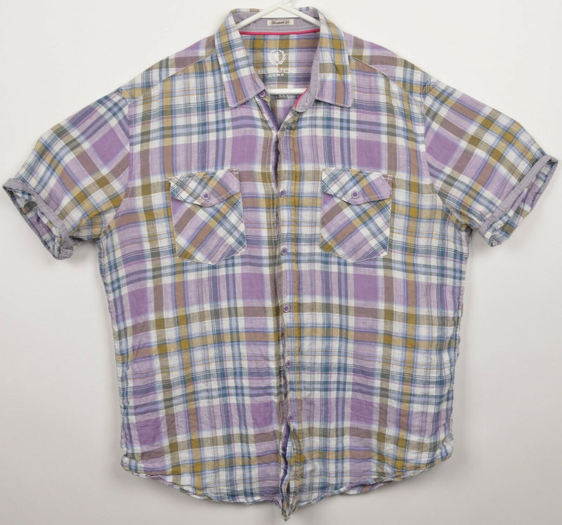Bugatchi Uomo Men's Large Shaped Fit 100% Linen Purple Plaid Short Sleeve Shirt
