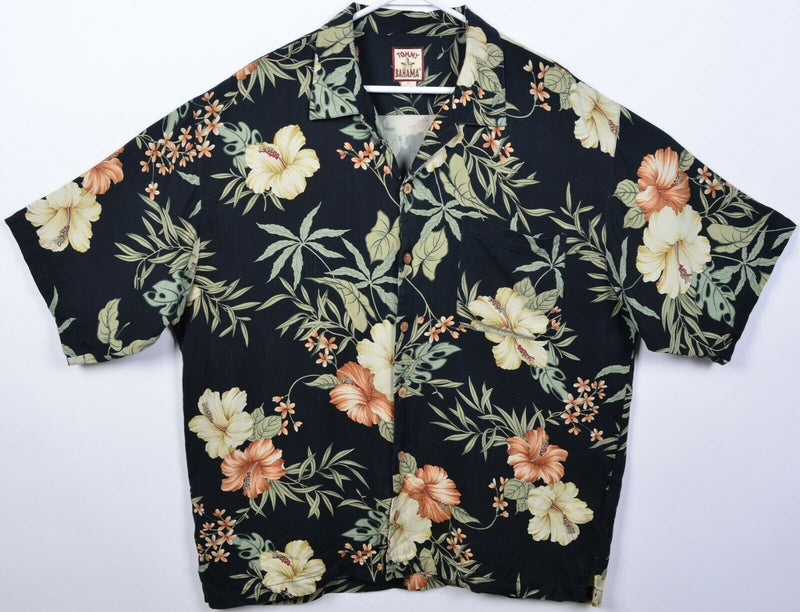 Tommy Bahama Men's XL 100% Silk Black Floral Hawaiian Aloha Camp Shirt