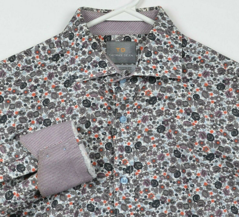 Thomas Dean Men's Medium Flip Cuff Floral Gray Purple Orange Button-Front Shirt