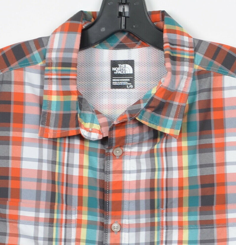 North Face Men's Large Orange Plaid Nylon Polyester Hiking Outdoor Casual Shirt