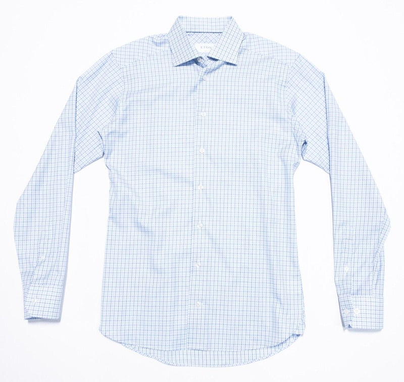 Eton Dress Shirt 15/38 Slim Fit Men's White Blue Check Cotton Lyocell Blend