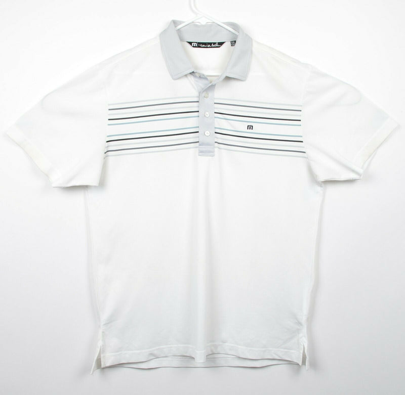 Travis Mathew Men's Sz Large White Gray Striped Polyester Golf Polo Shirt