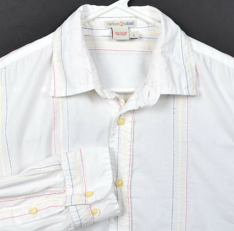 Carbon 2 Cobalt Men's Large White Colorful Red Blue Striped Button-Front Shirt