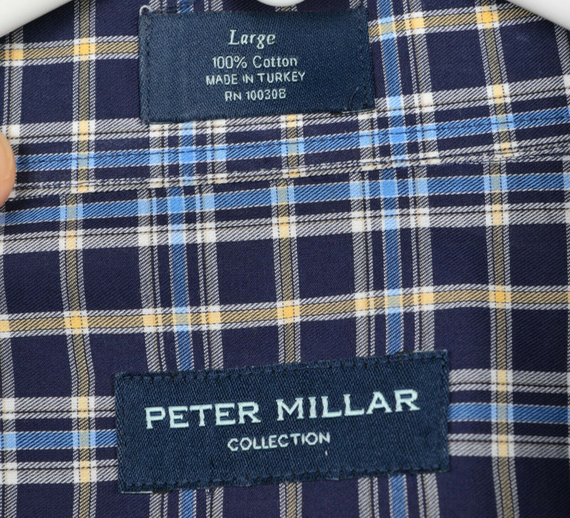 Peter Millar Collection Men’s Large Navy Blue Plaid Spread Collar Dress Shirt