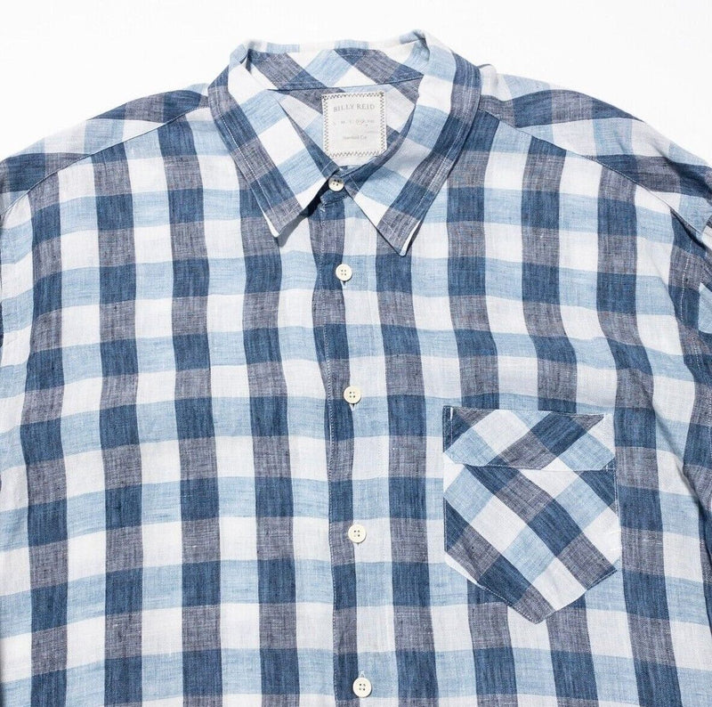 Billy Reid Linen Shirt XL Standard Cut Men's Italy Blue Check Long Sleeve Button