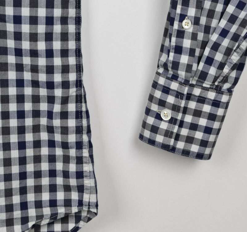 Billy Reid Men's Small Standard Cut Navy Blue Gray Plaid Check Long Sleeve Shirt