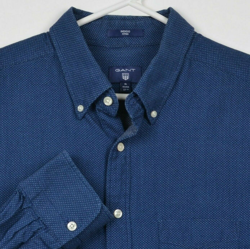 GANT Men's XL Indigo Fitted Navy Blue Polka Dot Long Sleeve Button-Down Shirt