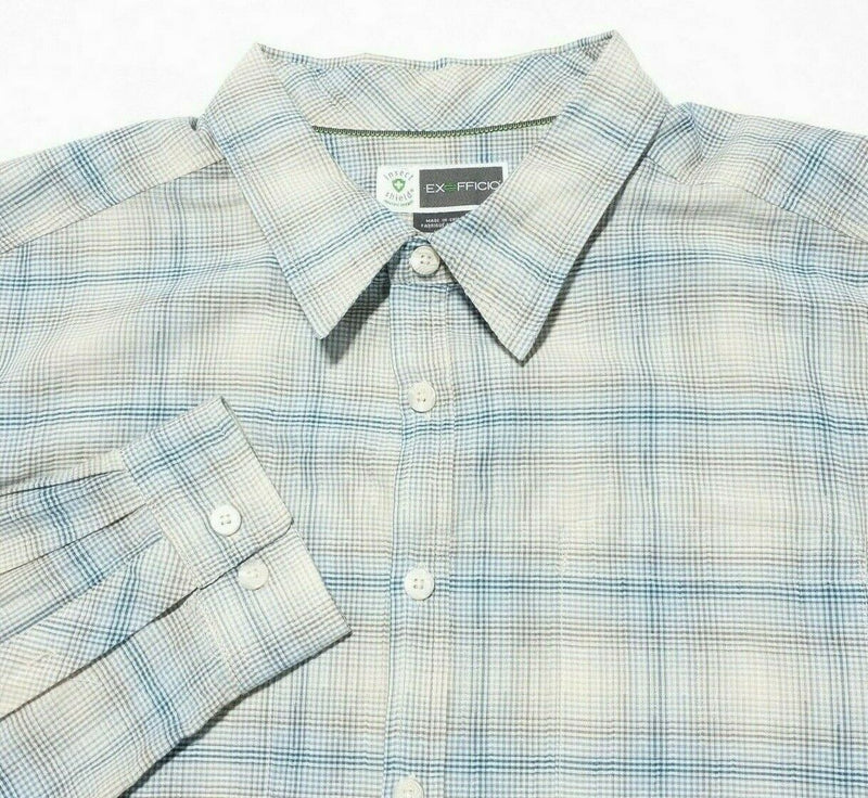 ExOfficio Insect Shield Button-Front Shirt Hiking Travel Blue Gray Plaid Men XL