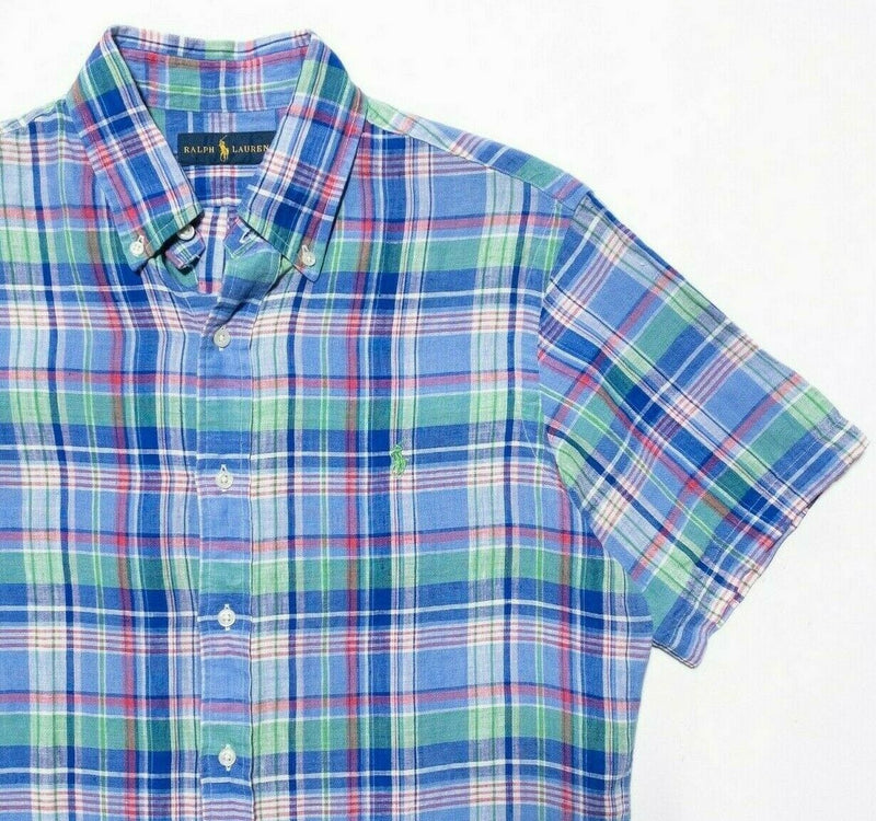 Polo Ralph Lauren Linen Shirt Medium Men's Colorful Plaid Blue Red Short Sleeve