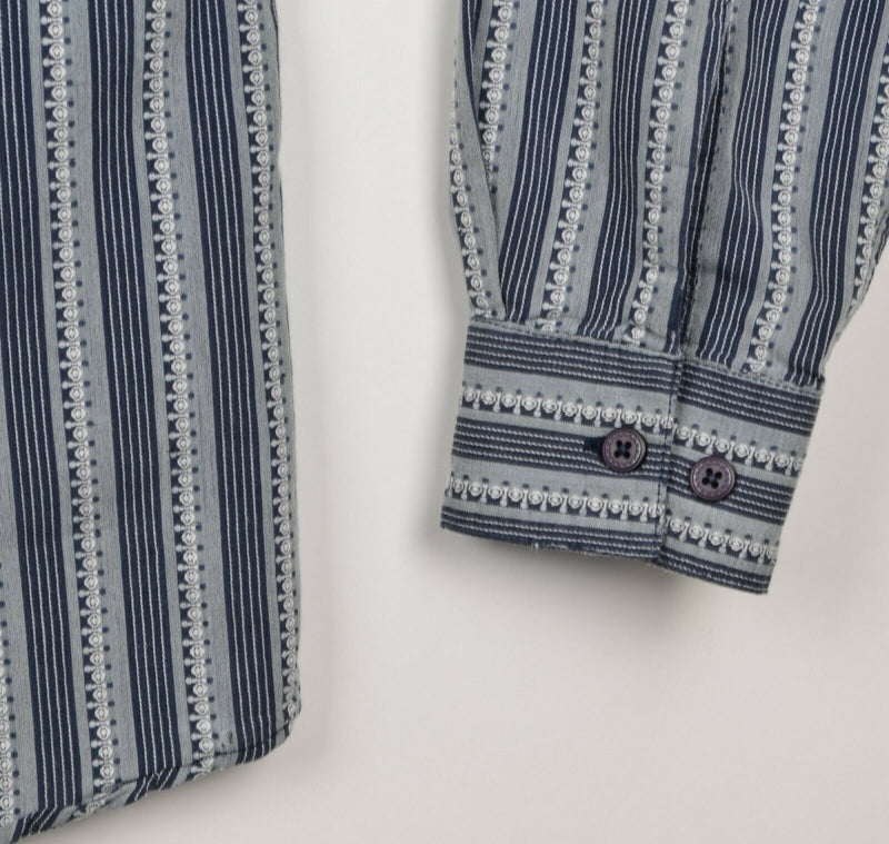 PrAna Men's Sz Medium Blue Gray Striped Cotton Polyester Hiking Outdoors Shirt