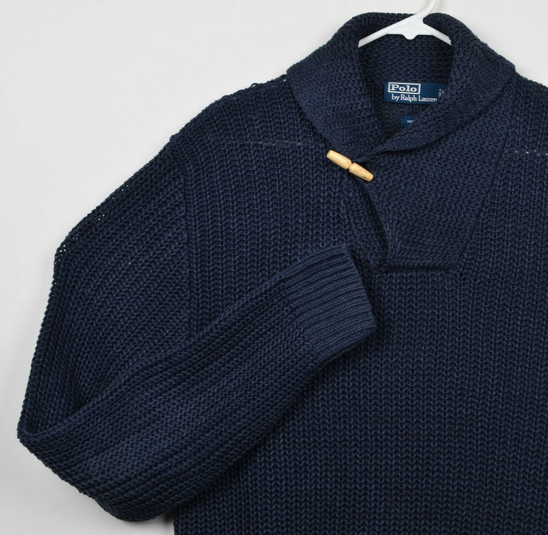Polo Ralph Lauren Men's Sz XL 100% Linen Shawl Collar Knit Chunky Navy Sweater