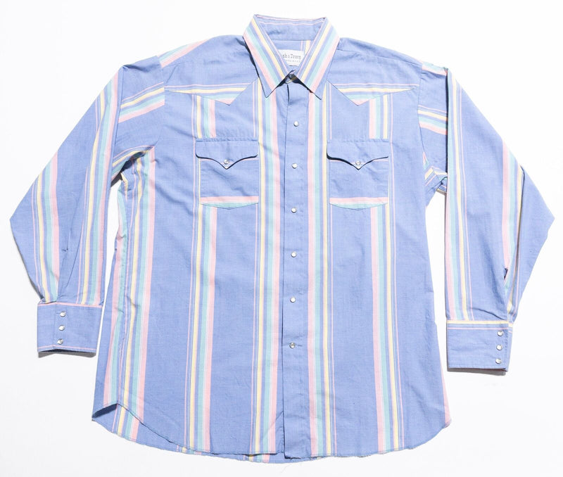 Ranch & Town Pearl Snap Shirt Men's XL Vintage 80s Western Blue Striped USA