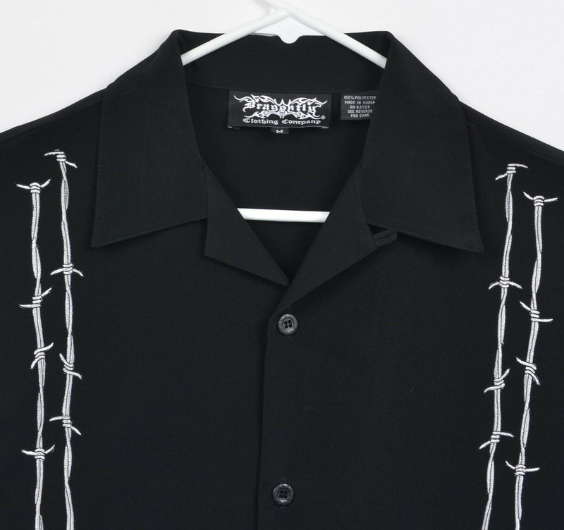 Vtg Dragonfly Men's Sz Medium Barbed Wire Embroidered Black Polyester Camp Shirt