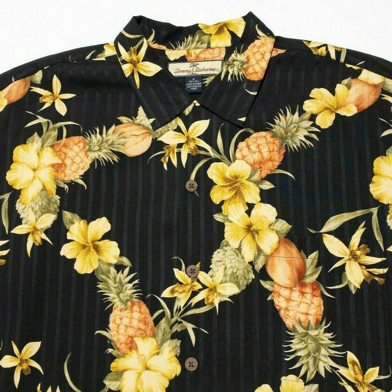 Tommy Bahama Pineapple Shirt Men's Medium Silk Hawaiian Floral Black Camp