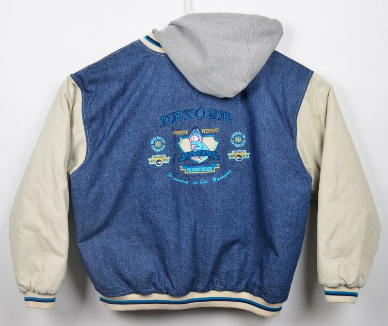 Vintage 90s Disney Men's XL Eeyore Denim Embroidered Snap Hooded Varsity Jacket