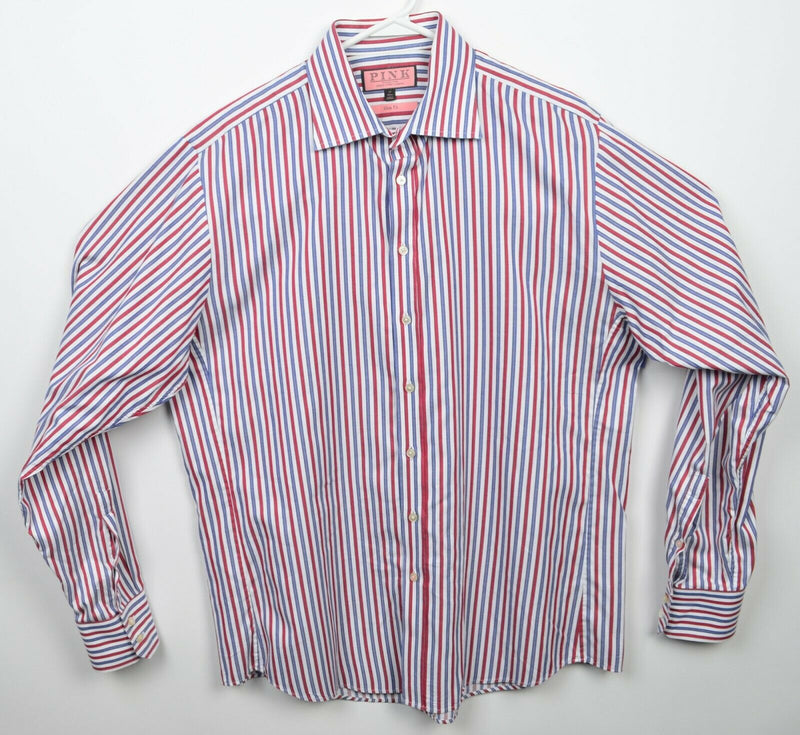 Thomas Pink Men's 17/43cm Slim Fit Red Blue Striped Button-Front Dress Shirt