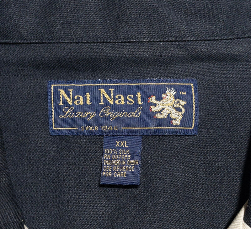 Nat Nast Silk Bowling Shirt Men 2XL Button-Up Black Beige Loop Collar Aloha Camp