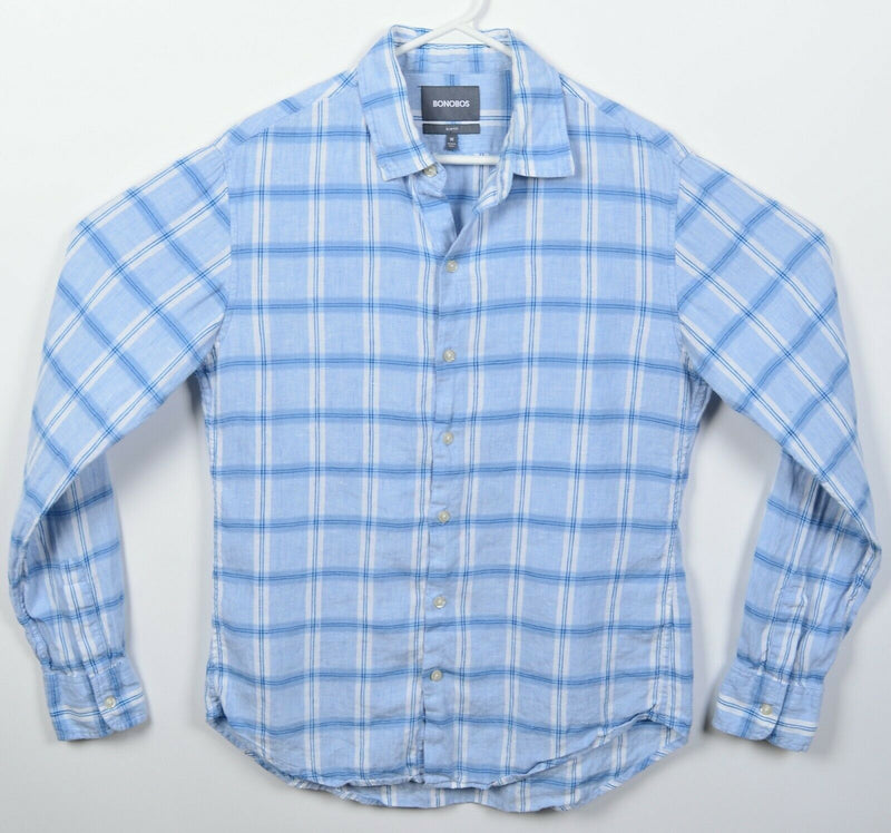 Bonobos Men's Medium Slim Fit Linen Blend Blue White Plaid Button-Front Shirt