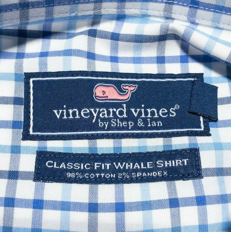 Vineyard Vines Men Large Classic Fit Whale Shirt Cotton Spandex White Blue Plaid