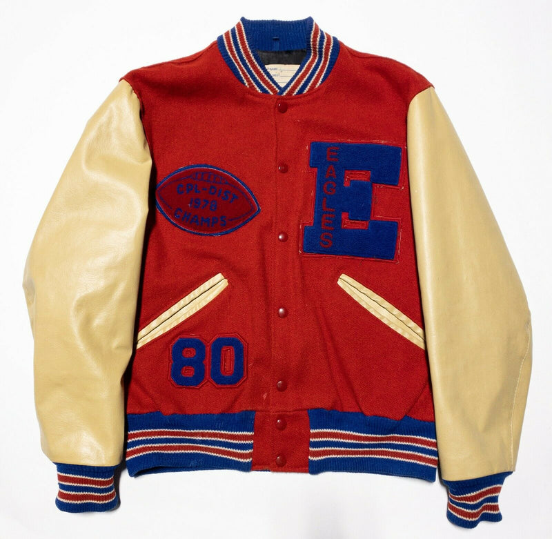 Delong Varsity Letterman Jacket Vintage 70s Wool Red Football High School Men 40