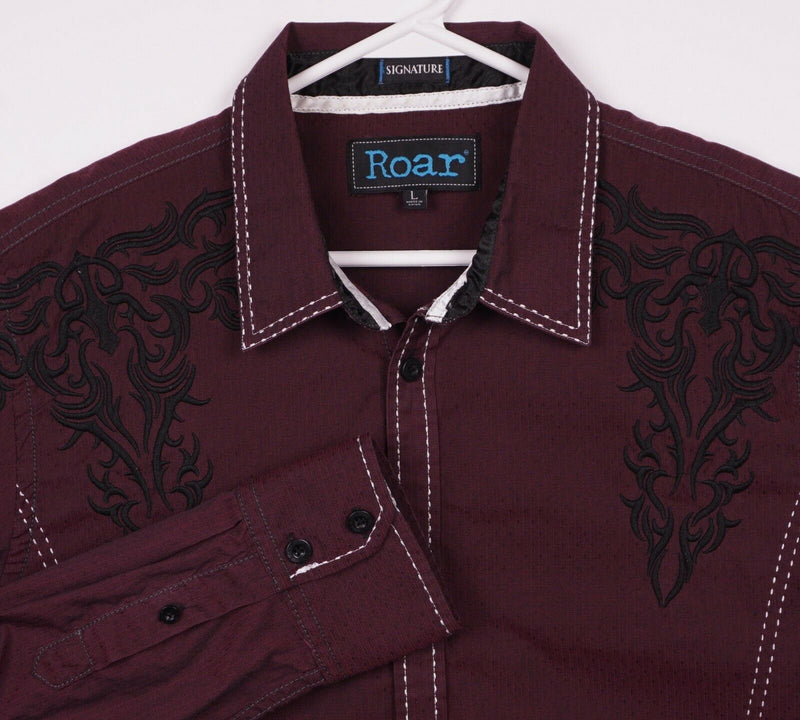 Roar Signature Men's Large Burgundy Tribal Embroidered Button-Front Shirt