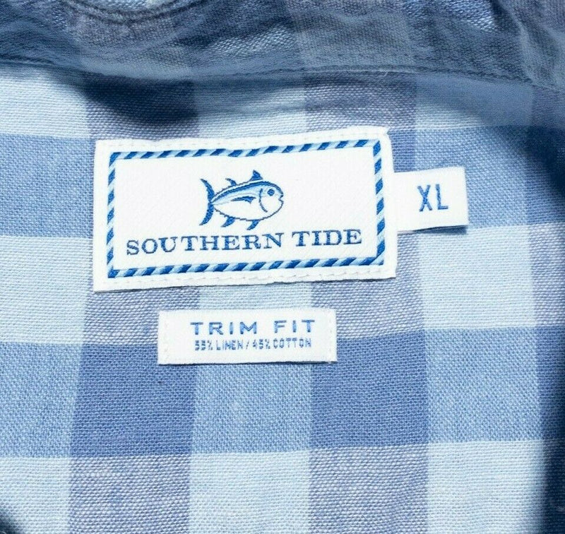 Southern Tide Men's XL Trim Fit Linen Blend Button-Down Shirt Blue Check Preppy