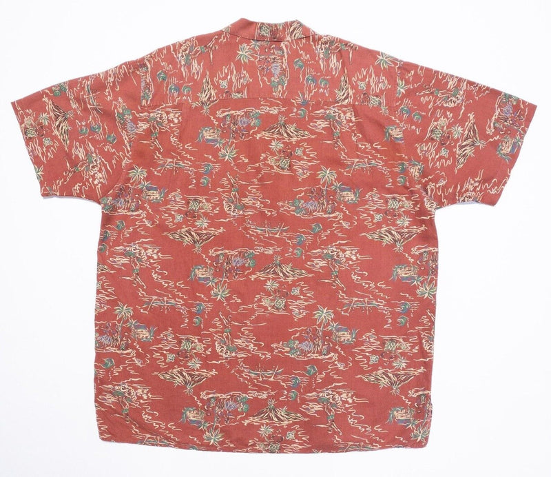 Eddie Bauer Camp Shirt XL Mens Linen Surfer Print Hawaiian Aloha Vintage 90s Red